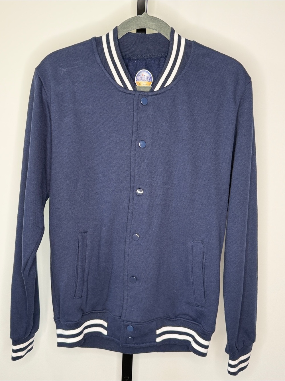 Women's Navy Varsity Jacket with Striped Ribbed Trim